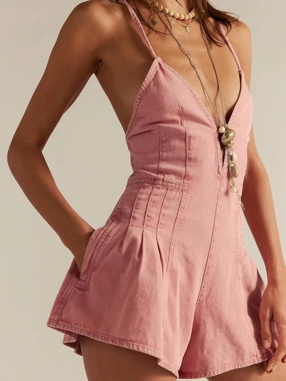 Pink Denim V-Neck Romper - Picture 2 of 5